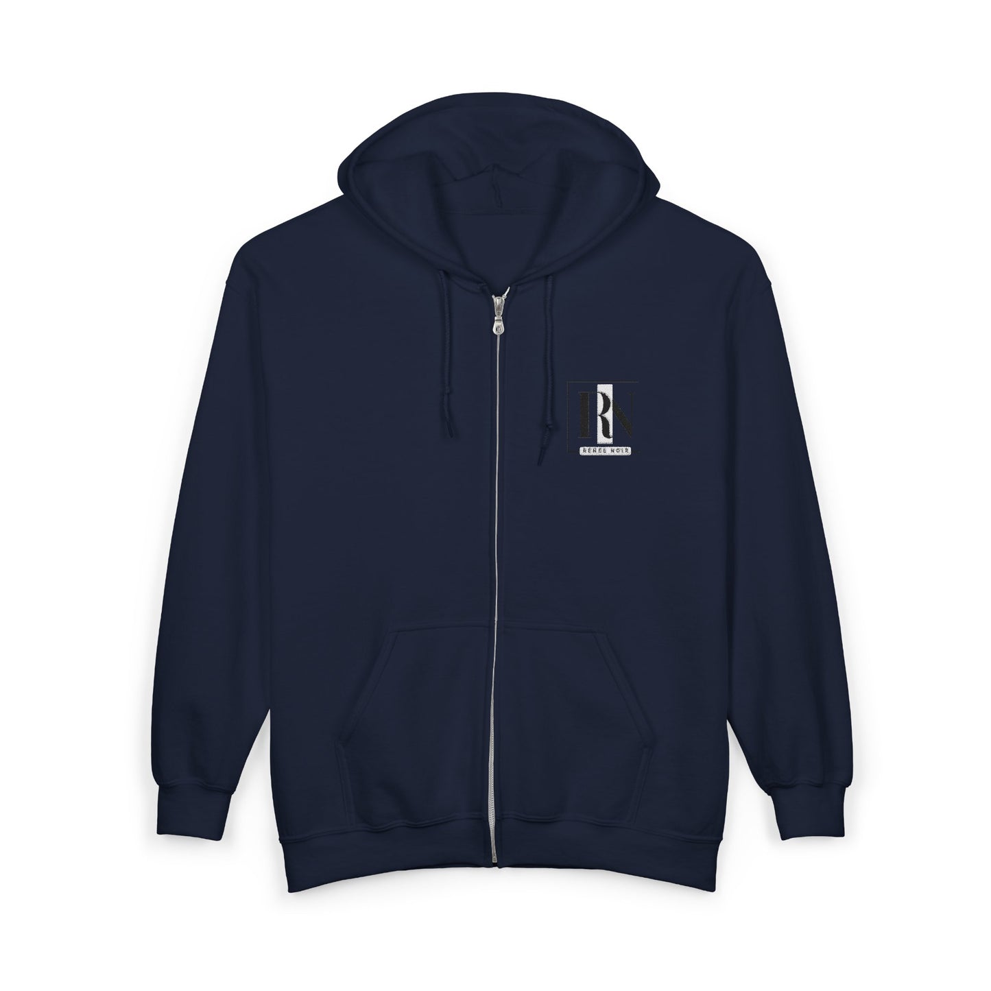 Front view of Renee Noir Original Zip Navy Hoodie – small embroidered chest crest, unisex