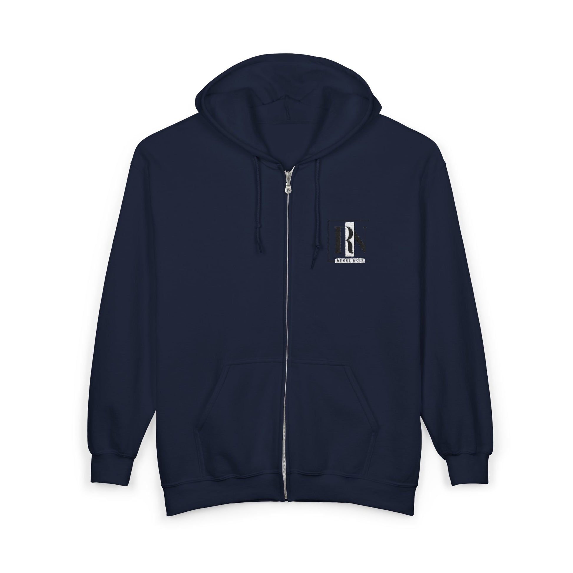 Front view of Renee Noir Original Zip Navy Hoodie – small embroidered chest crest, unisex