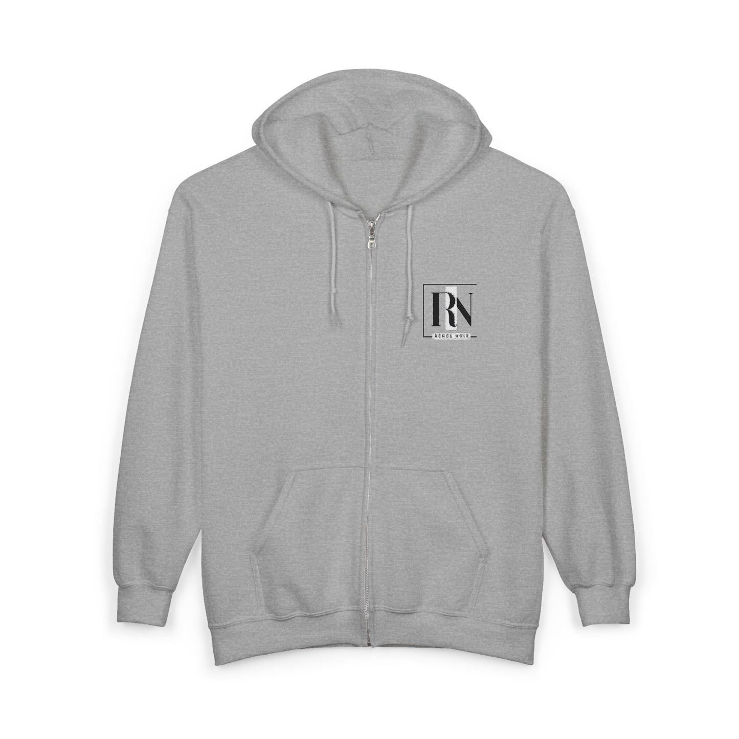 Front view of Renee Noir Original Zip SportGrey Hoodie – small embroidered chest crest, unisex