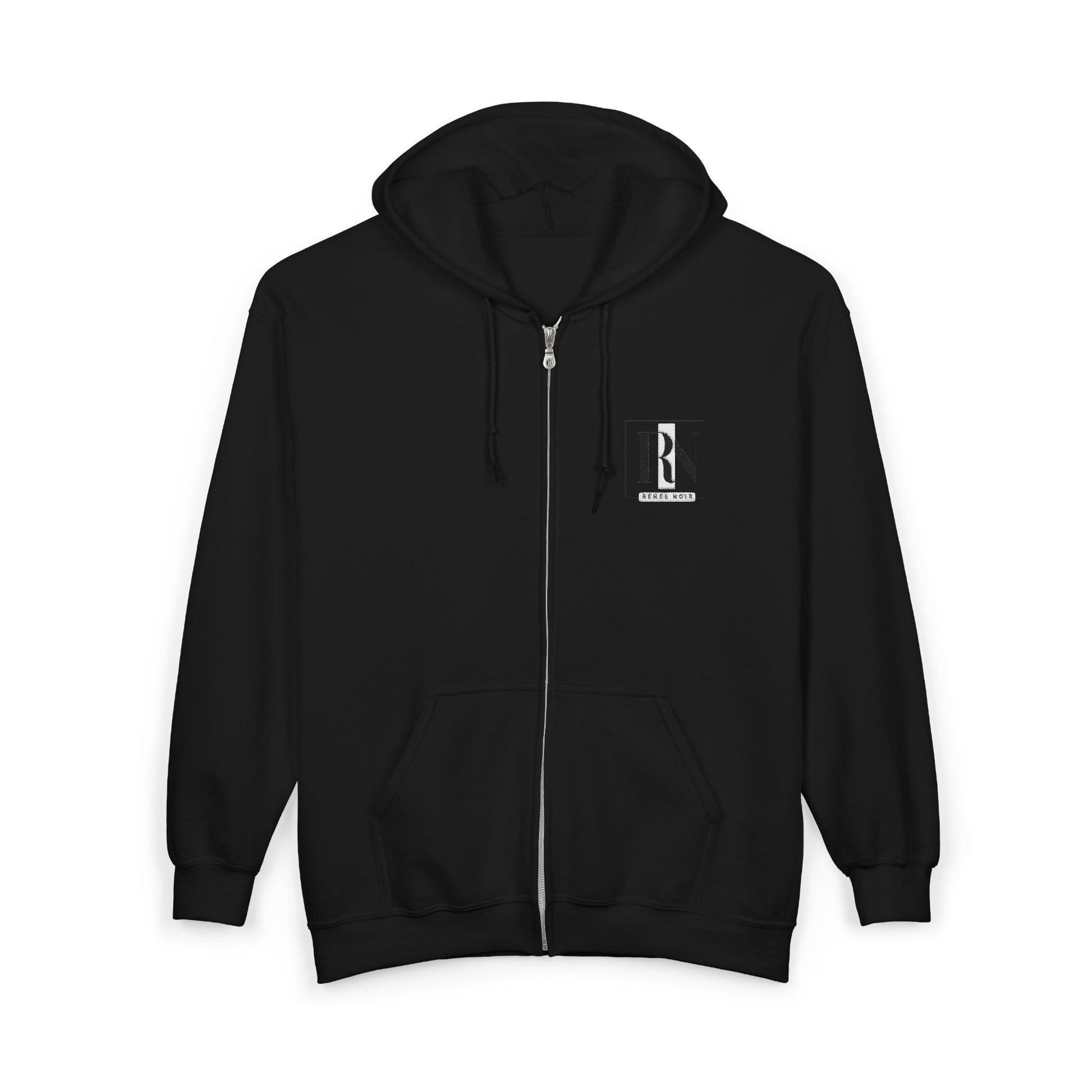 Front view of Renee Noir Original Zip Black Hoodie – small embroidered chest crest, unisex