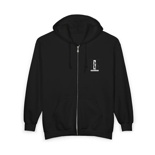 Front view of Renee Noir Original Zip Black Hoodie – small embroidered chest crest, unisex