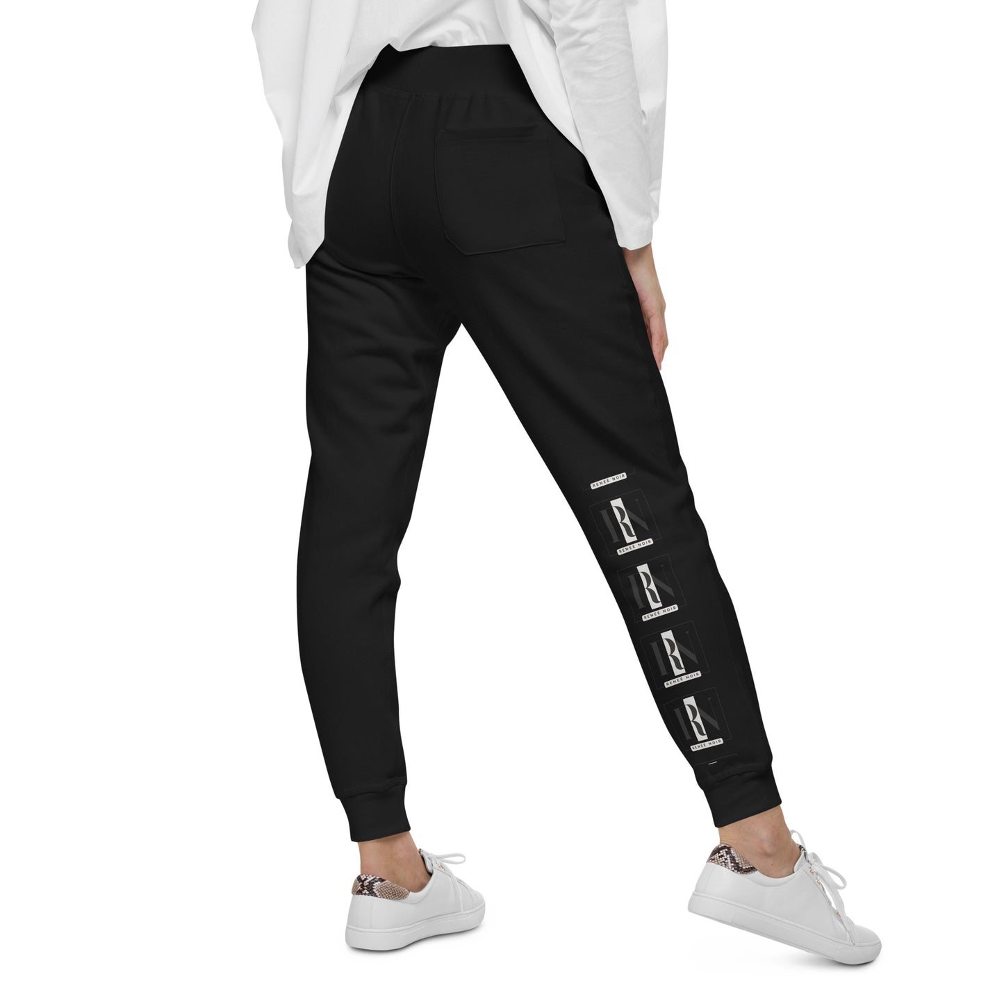 Back view of Unisex Fleece Sweatpants in black– comfortable and soft, for men and women, Renee Noir Original