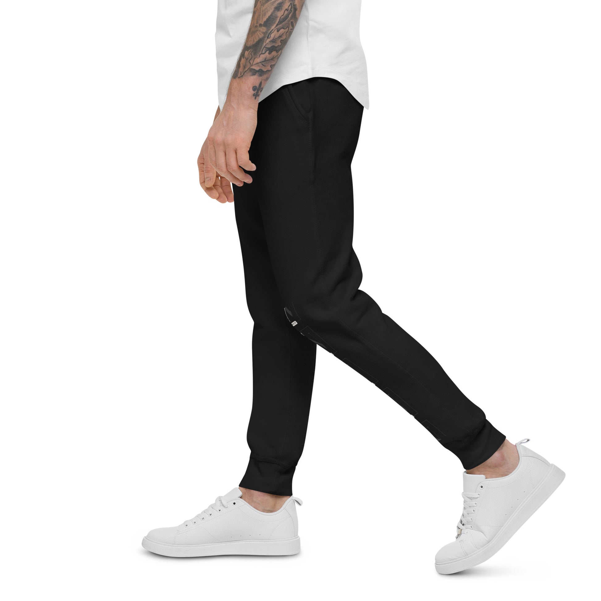Back left view of Unisex Fleece Sweatpants in Black – comfortable and soft, for men and women, Renee Noir Original