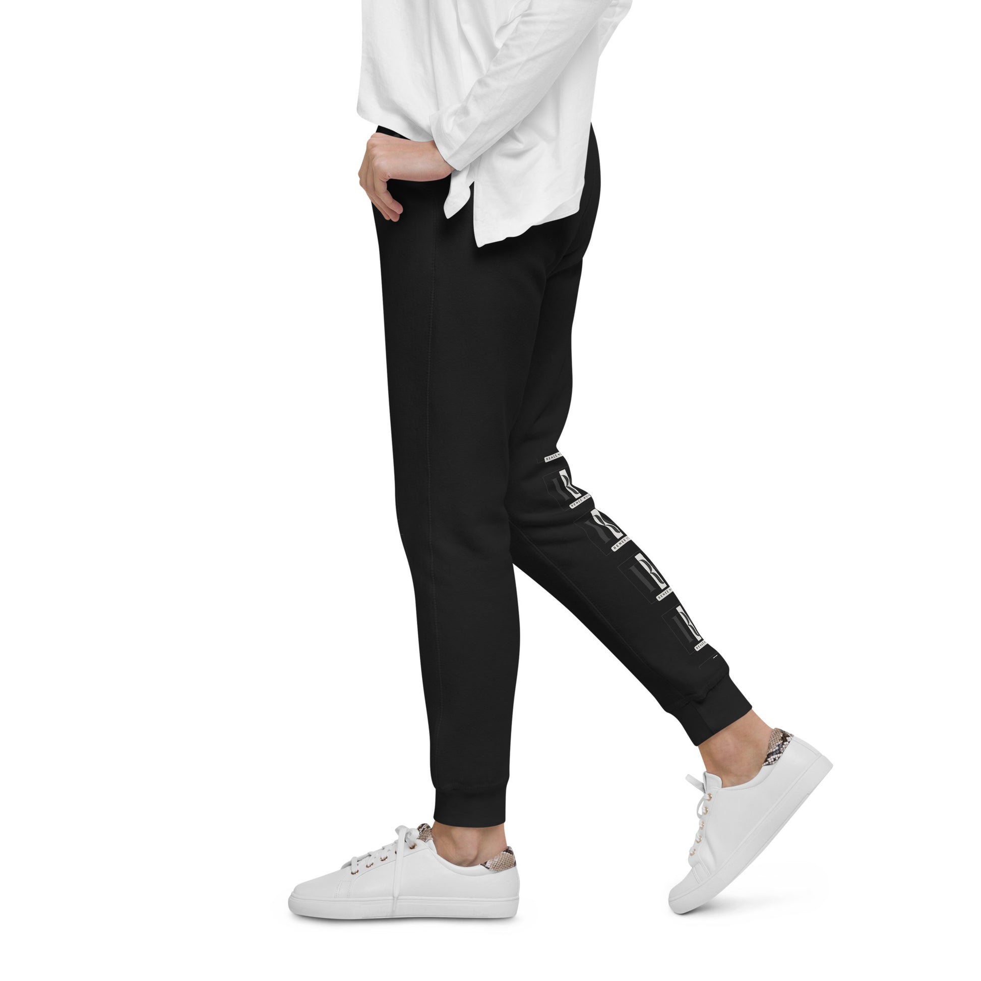 Left view of Unisex Fleece Sweatpants in black– comfortable and soft, for men and women, Renee Noir Original