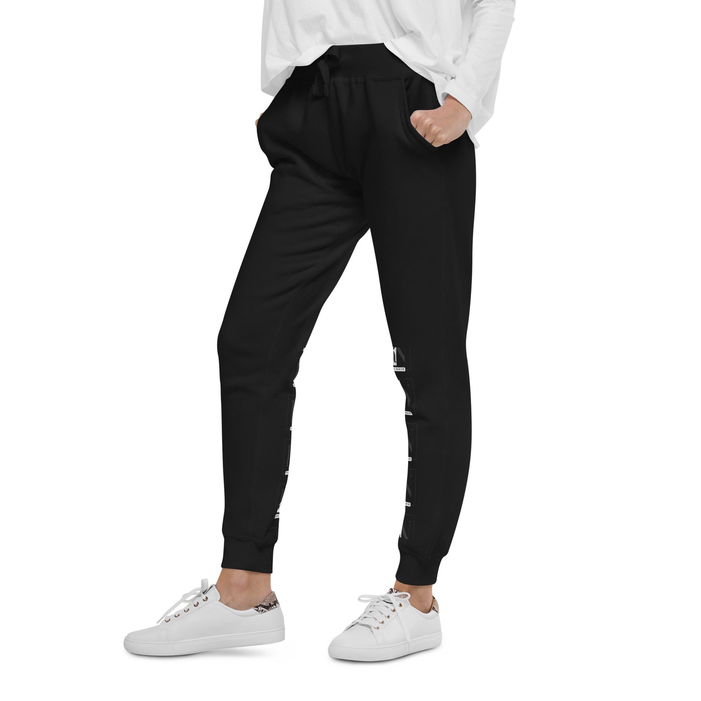 Left-Front view of Unisex Fleece Sweatpants in black – comfortable and soft, for men and women, Renee Noir Original