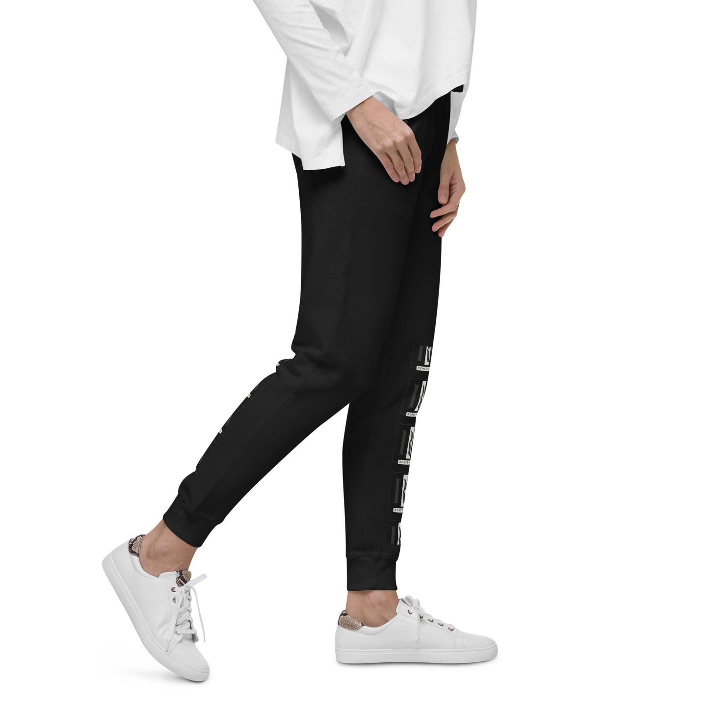 Right-Front view of Unisex Fleece Sweatpants in black– comfortable and soft, for men and women, Renee Noir Original