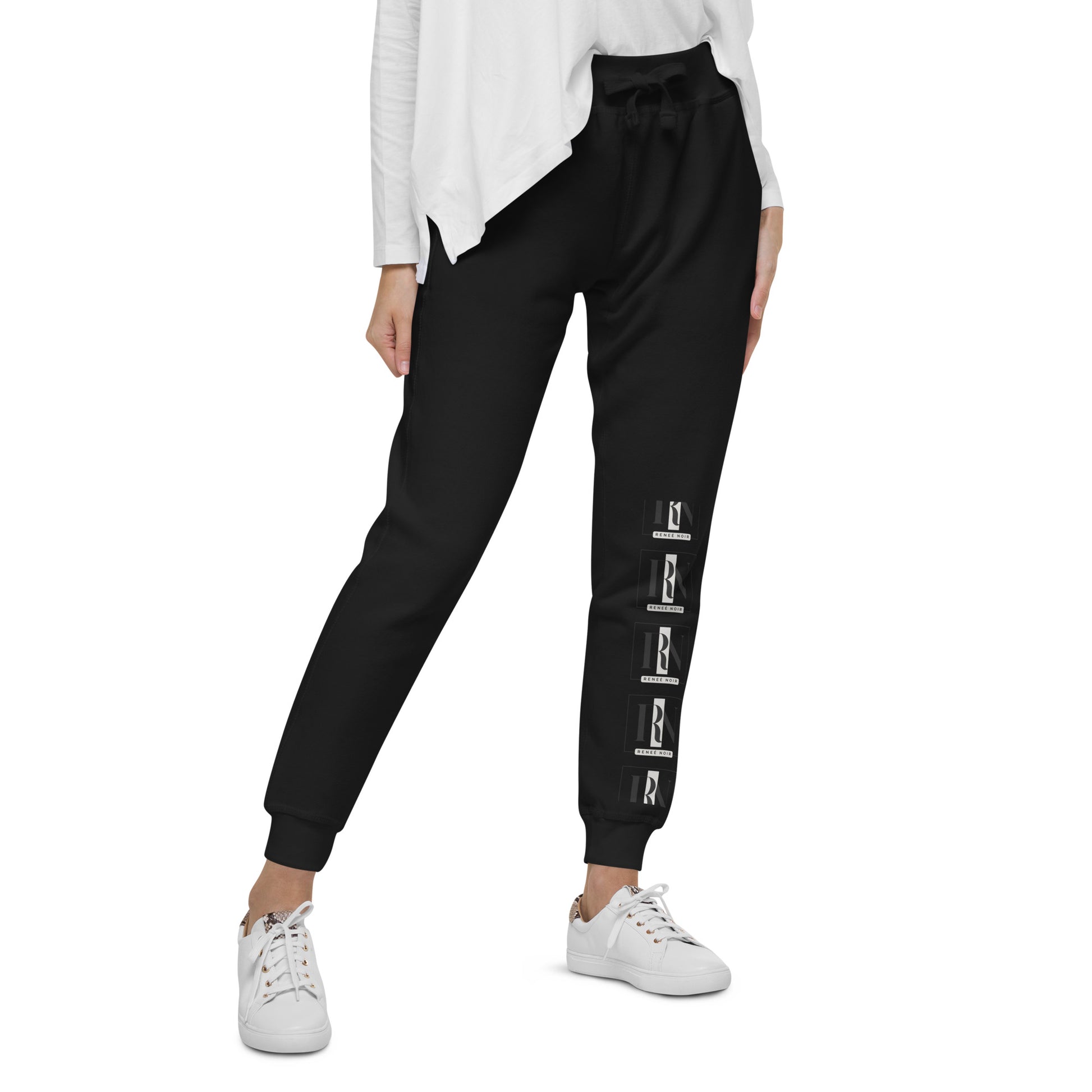 Right-Front view of Unisex Fleece Sweatpants in black– comfortable and soft, for men and women, Renee Noir Original