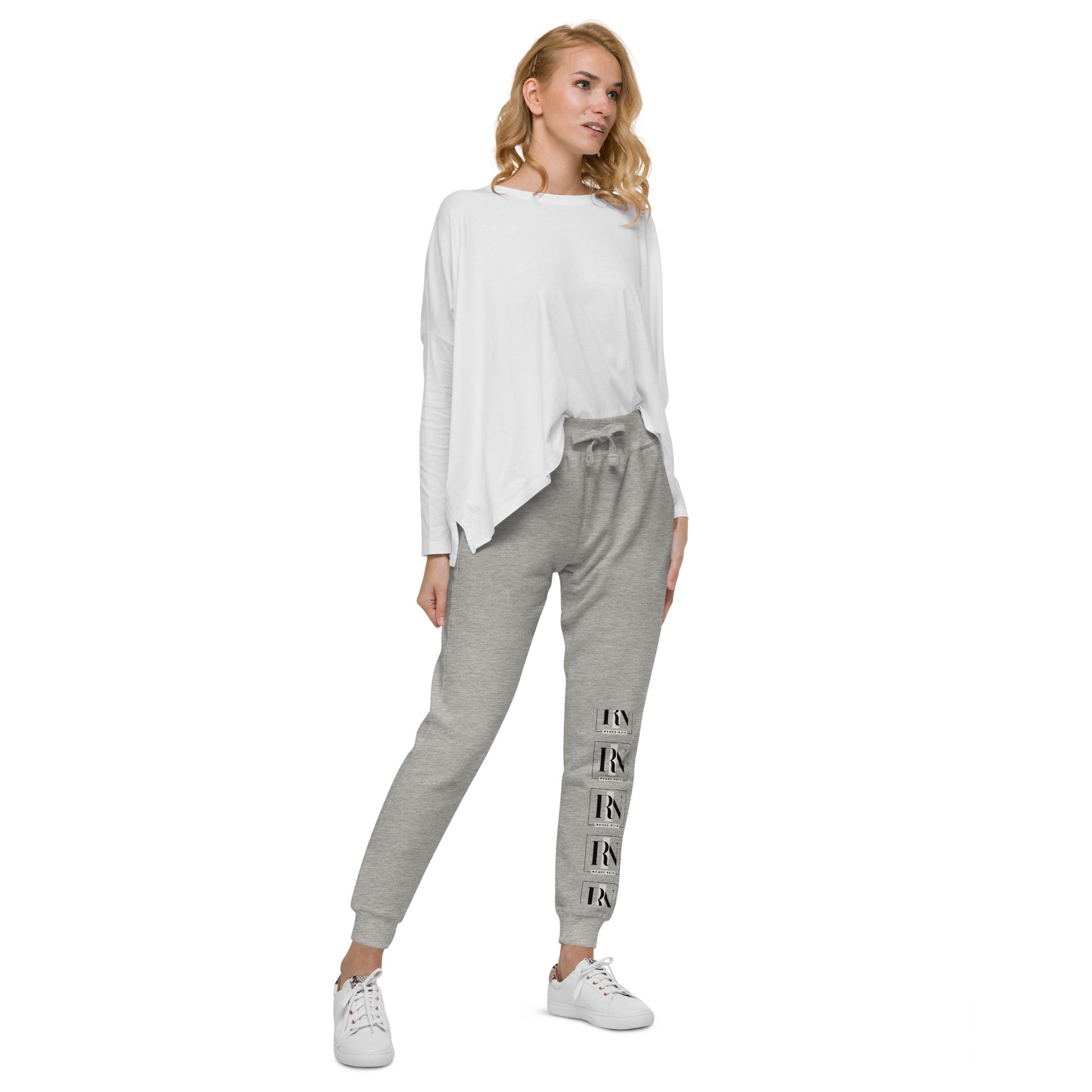 Right-front view of Unisex Fleece Sweatpants in carbon-grey– comfortable and soft, for men and women, Renee Noir Original