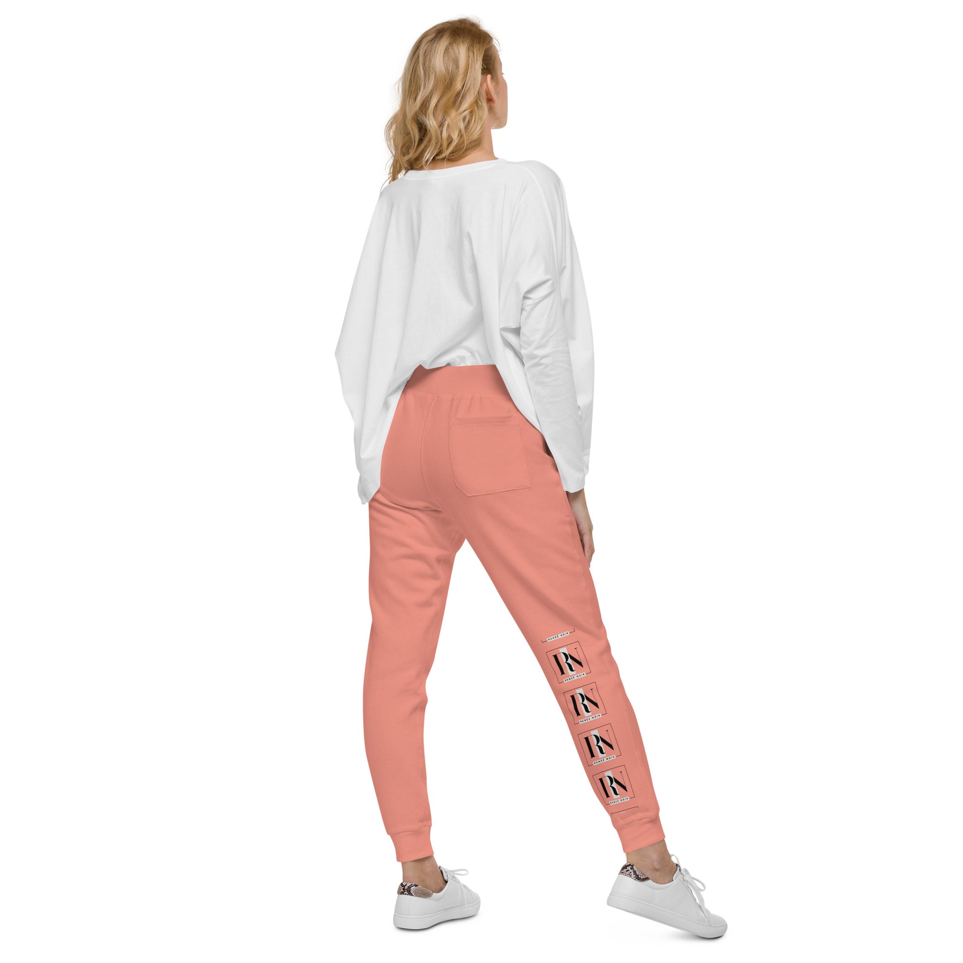 Back view of Unisex Fleece Sweatpants in dusty-rose– comfortable and soft, for men and women, Renee Noir Original