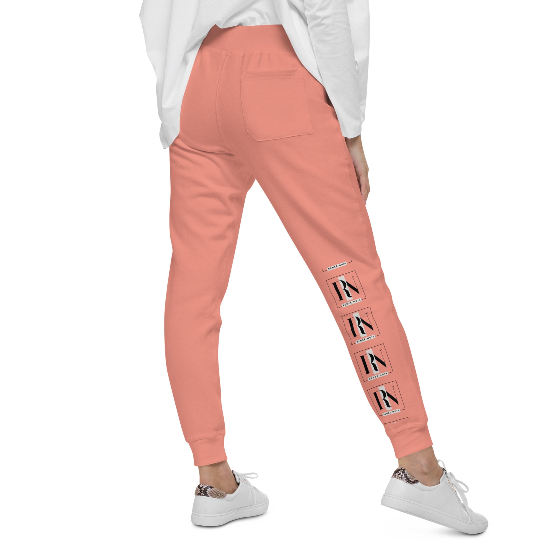 Back view of Unisex Fleece Sweatpants in dusty-rose– comfortable and soft, for men and women, Renee Noir Original