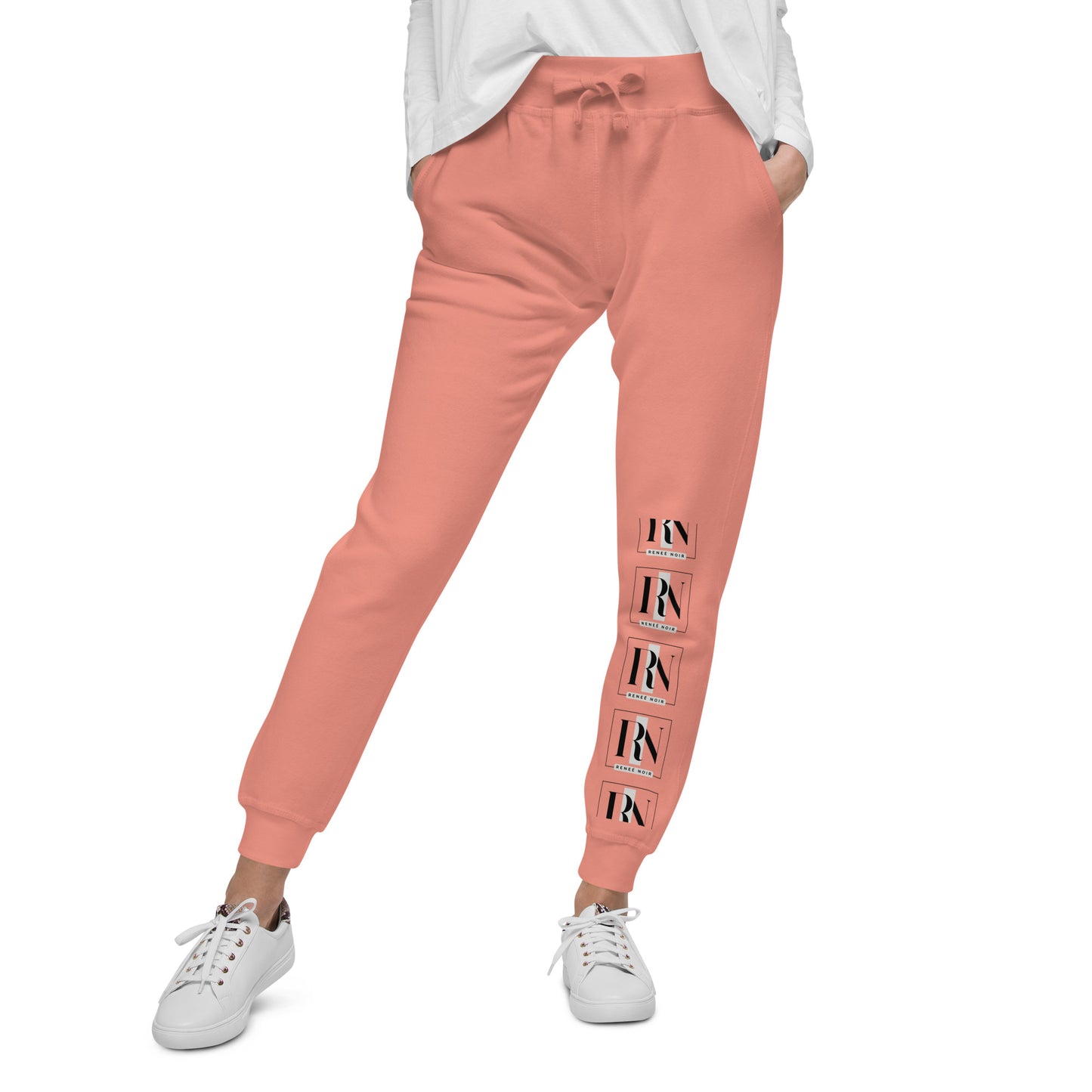 Front view of Unisex Fleece Sweatpants in dusty-rose– comfortable and soft, for men and women, Renee Noir Original