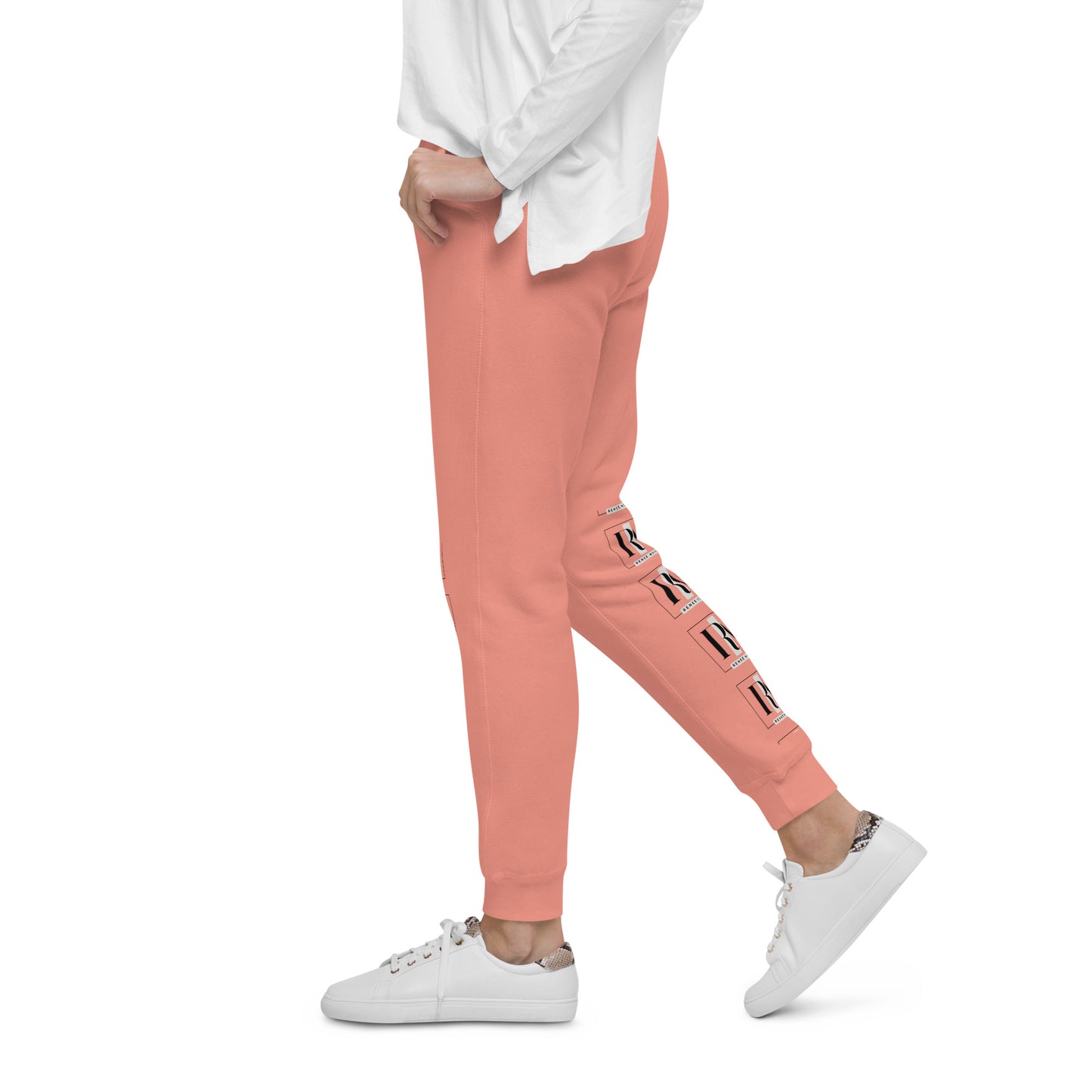 Left view of Unisex Fleece Sweatpants in dusty-rose– comfortable and soft, for men and women, Renee Noir Original