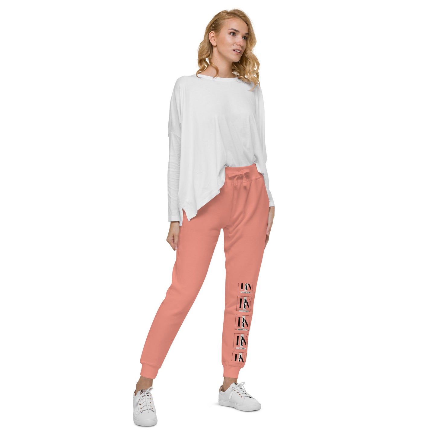 RIght-Front view of Unisex Fleece Sweatpants in dusty-rose– comfortable and soft, for men and women, Renee Noir Original