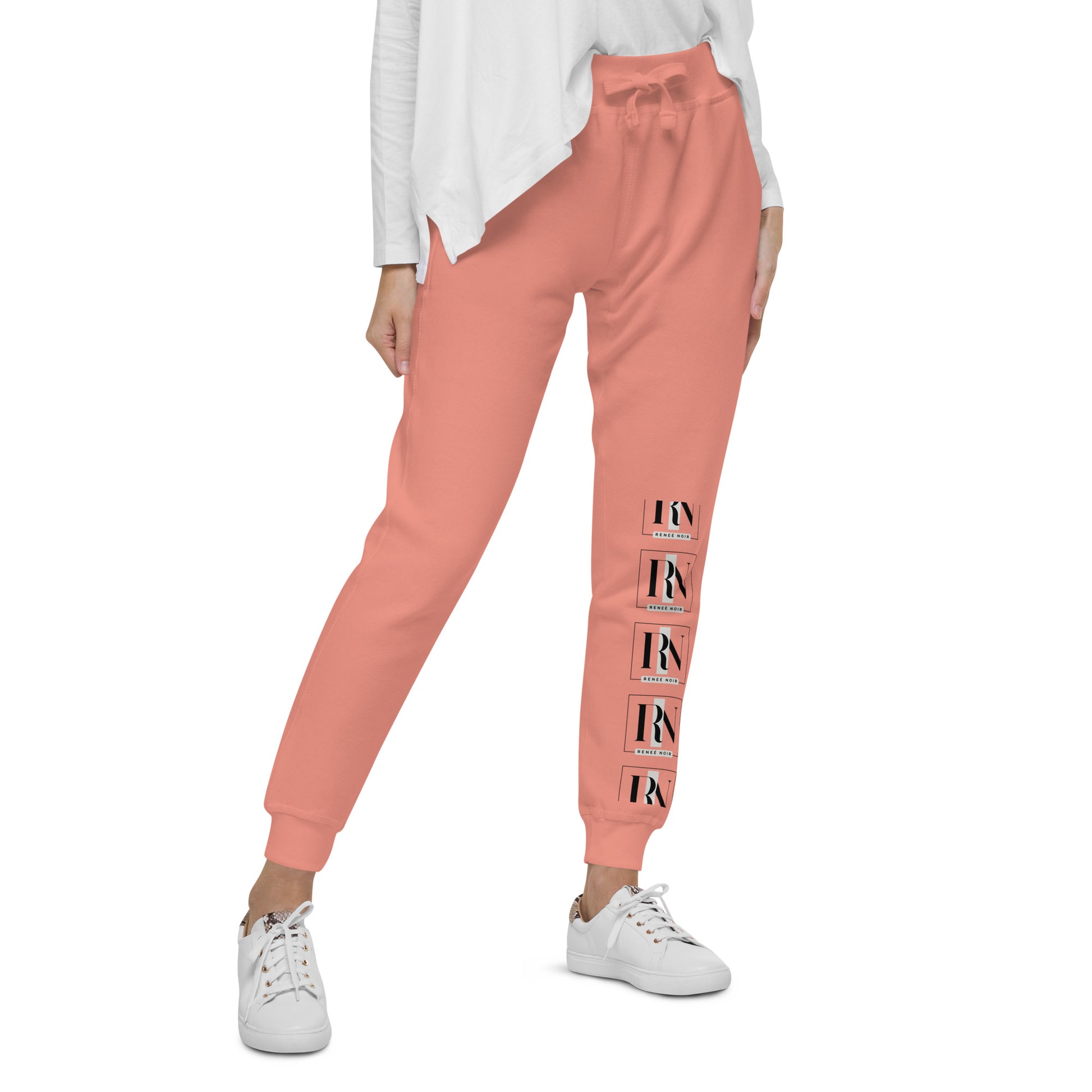 Right-Front view of Unisex Fleece Sweatpants in dusty-rose– comfortable and soft, for men and women, Renee Noir Original
