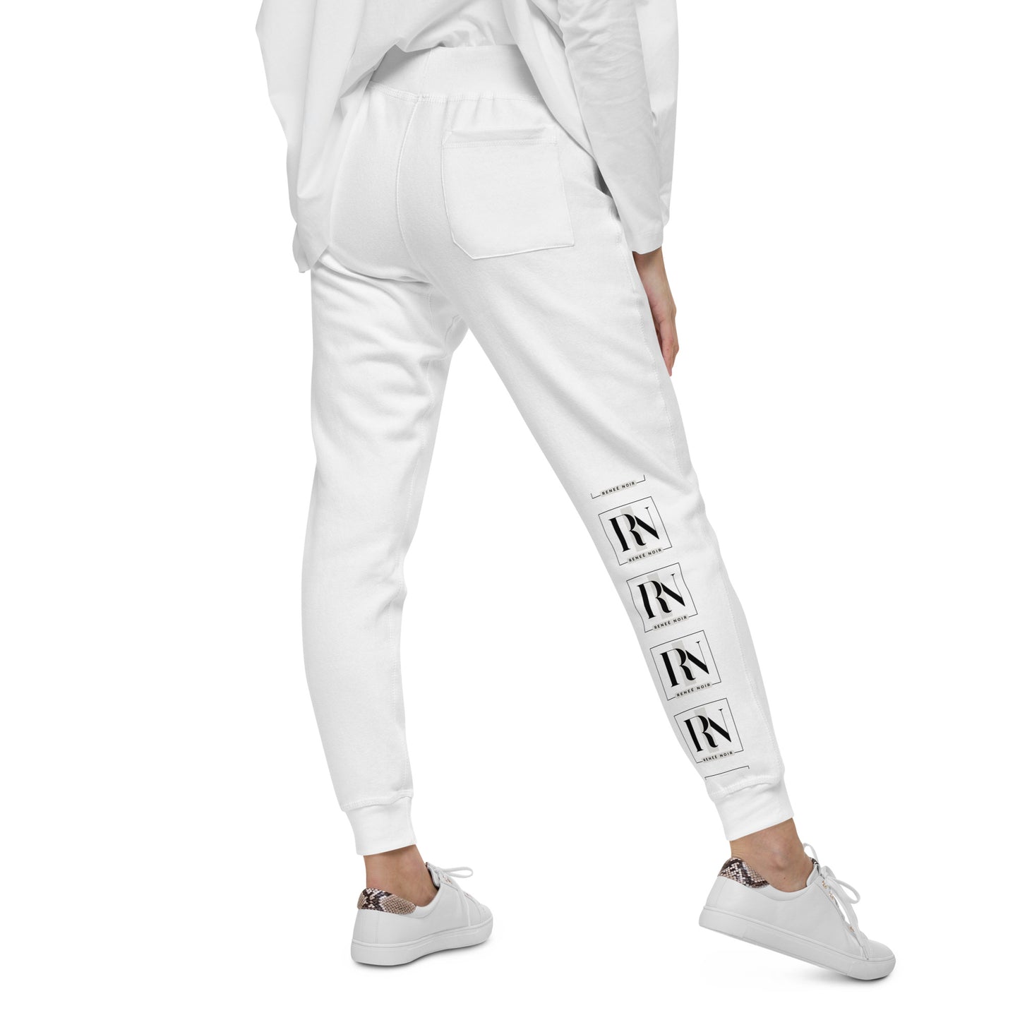 Back view of Unisex Fleece Sweatpants in white– comfortable and soft, for men and women, Renee Noir Original