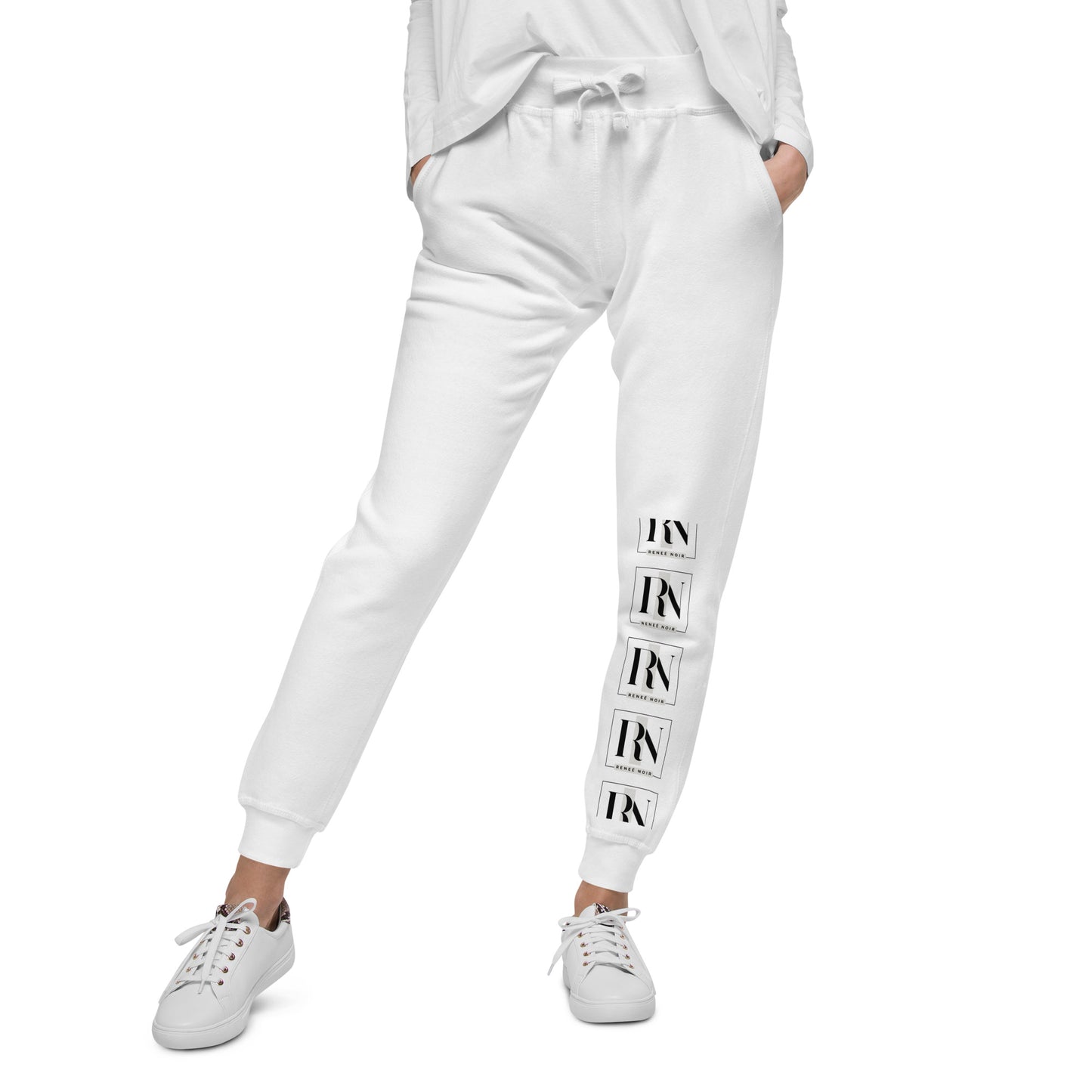 Front view of Unisex Fleece Sweatpants in white– comfortable and soft, for men and women, Renee Noir Original