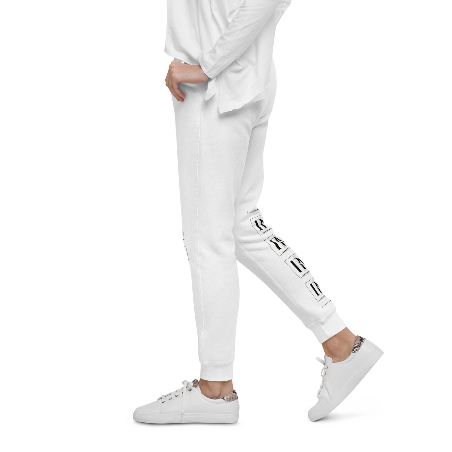 Left view of Unisex Fleece Sweatpants in white– comfortable and soft, for men and women, Renee Noir Original