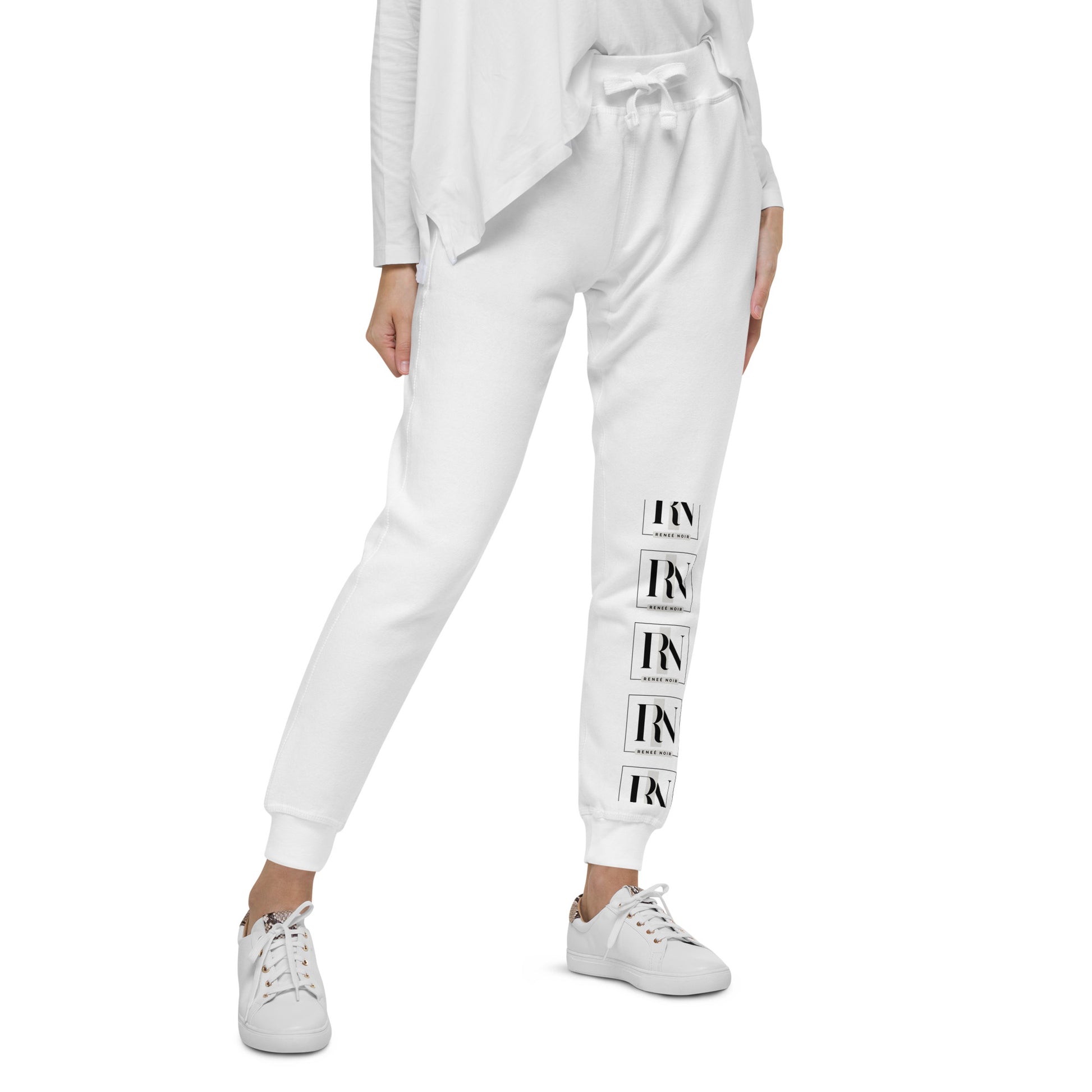 Right-Front view of Unisex Fleece Sweatpants in white– comfortable and soft, for men and women, Renee Noir Original